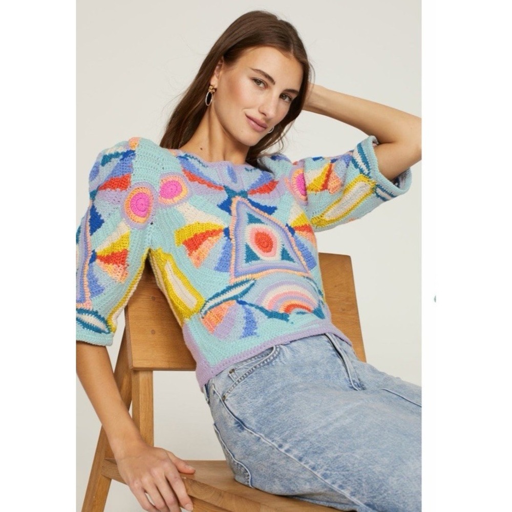 Sea New York Sweater Crochet Wool Silk Cropped XS Maximalist Boho Coastal Twee